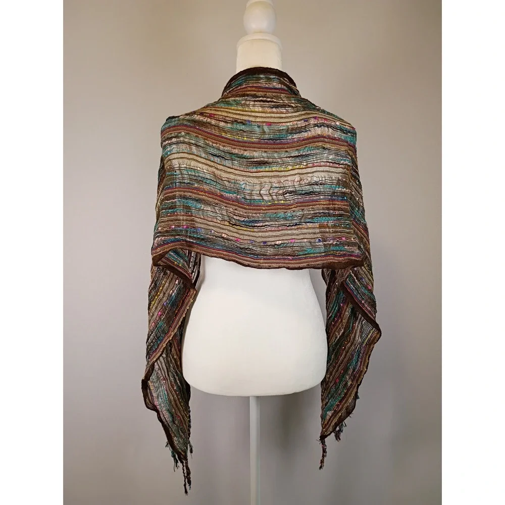 Boho Artisan Unbranded Womens OS Brown Multi Ribbon Weave Fringe Shawl Scarf